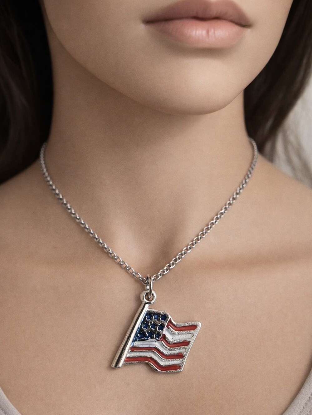 American Flag Pendant Necklace – Silver-Tone Red, White & Blue Enamel Jewelry25